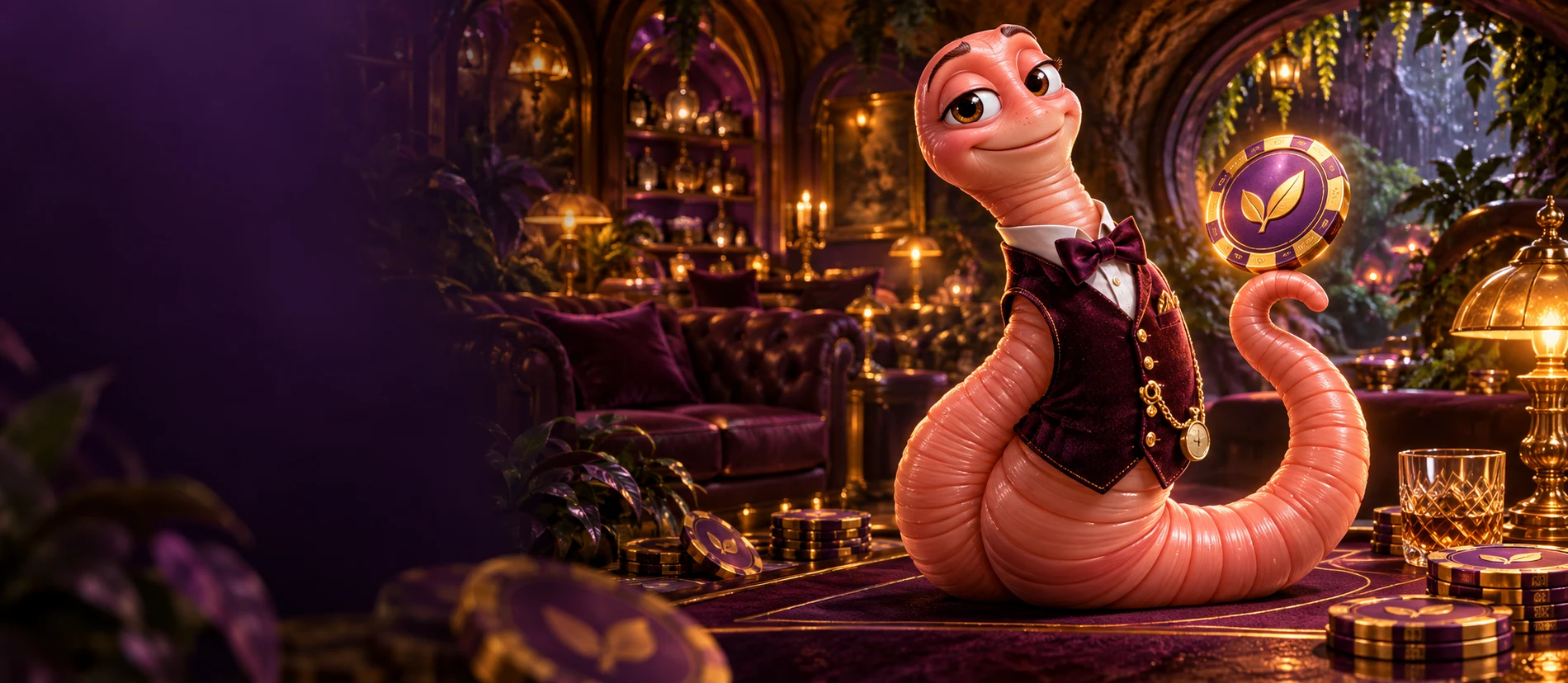 Our coral earthworm host with a fictional token in a velvet underground lounge.