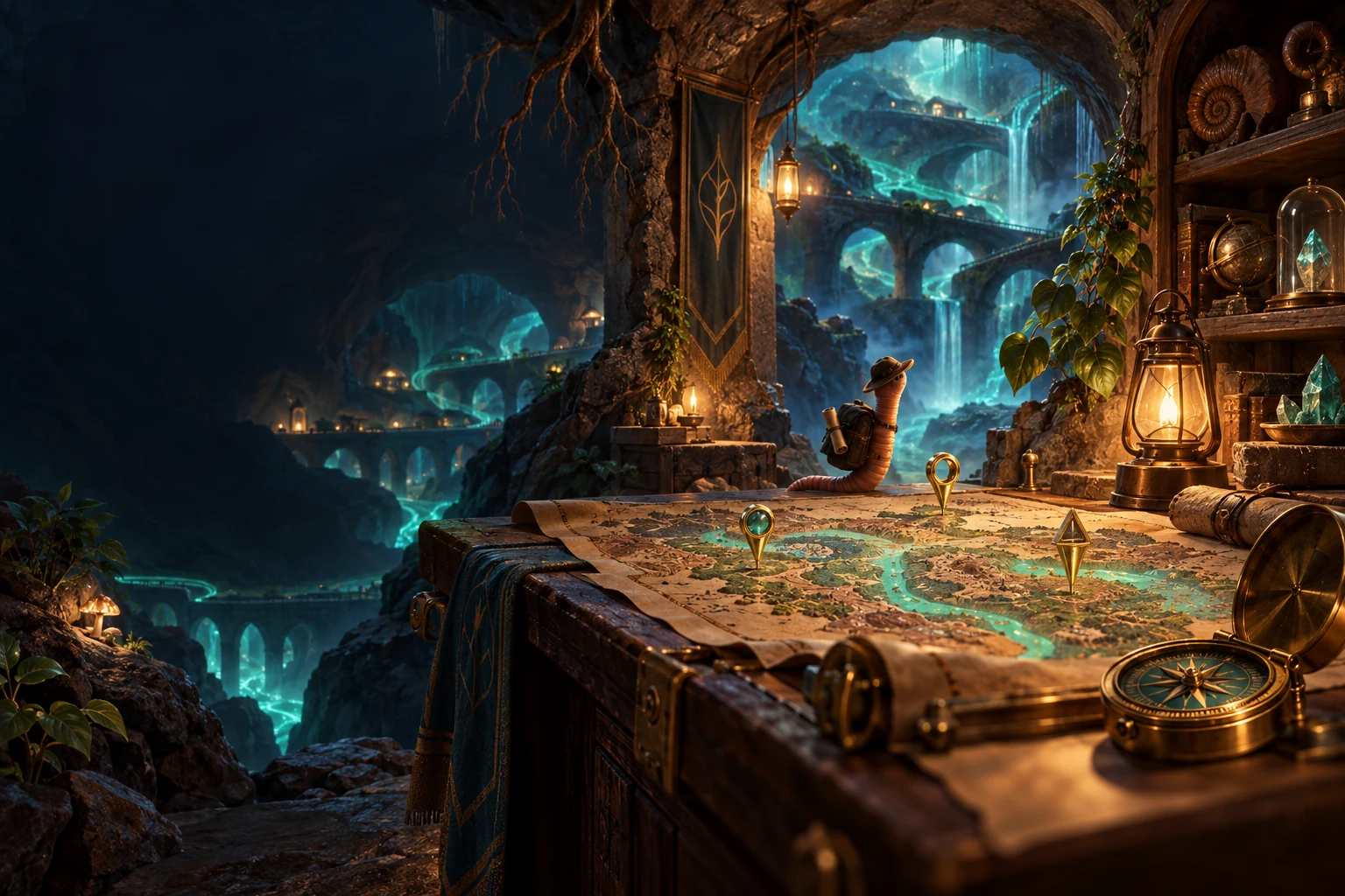 A lantern-lit underground map room overlooking turquoise tunnels.