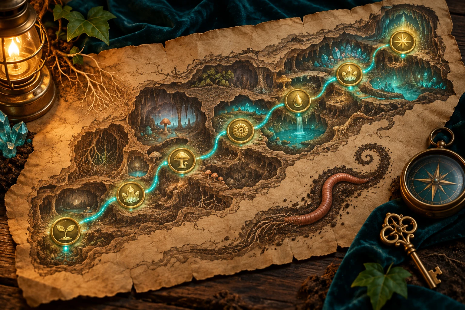 An underground treasure map with seven glowing seals connected by a turquoise trail.